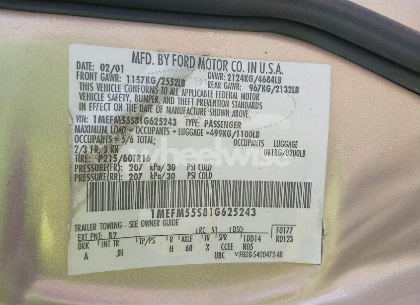 Photo 9 of 2001 Mercury Sable LS PREMIUM (VIN 1MEFM55S81G625243)