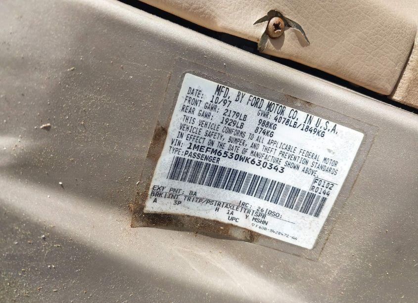 Photo 9 of 1998 Mercury Mystique N/A (VIN 1MEFM6530WK630343)