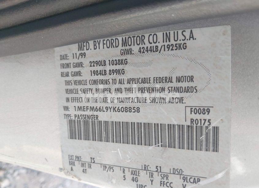 Photo 9 of 2000 Mercury Mystique LS (VIN 1MEFM66L9YK608858)