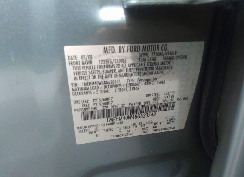 Photo 9 of 2008 Mercury Sable LUXURY (VIN 1MEHM40W48G620743)