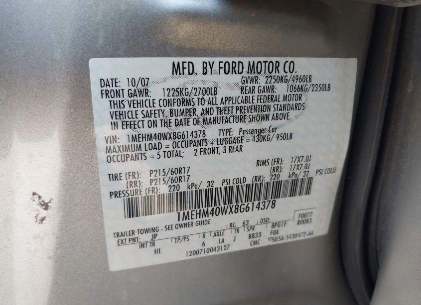 Photo 9 of 2008 Mercury Sable N/A (VIN 1MEHM40WX8G614378)