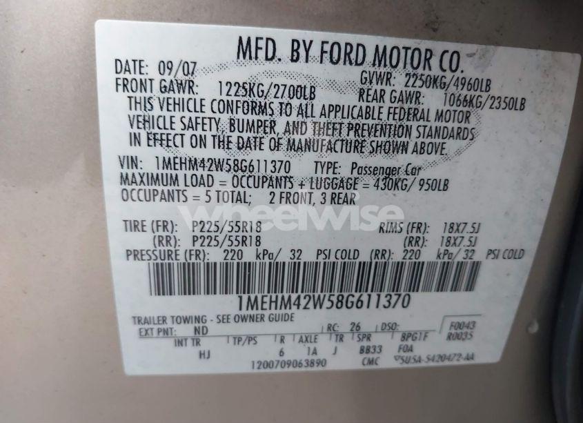 Photo 9 of 2008 Mercury Sable PREMIER (VIN 1MEHM42W58G611370)