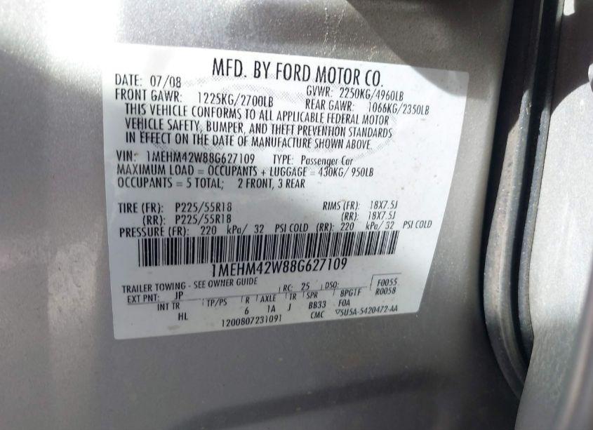 Photo 9 of 2008 Mercury Sable PREMIER (VIN 1MEHM42W88G627109)