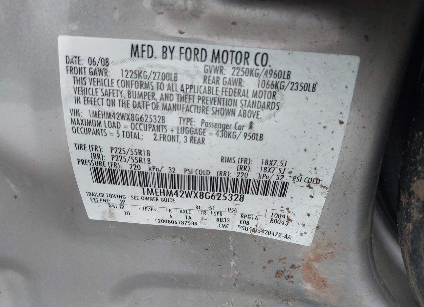 Photo 9 of 2008 Mercury Sable PREMIER (VIN 1MEHM42WX8G625328)