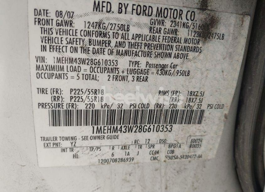 Photo 9 of 2008 Mercury Sable PREMIER (VIN 1MEHM43W28G610353)