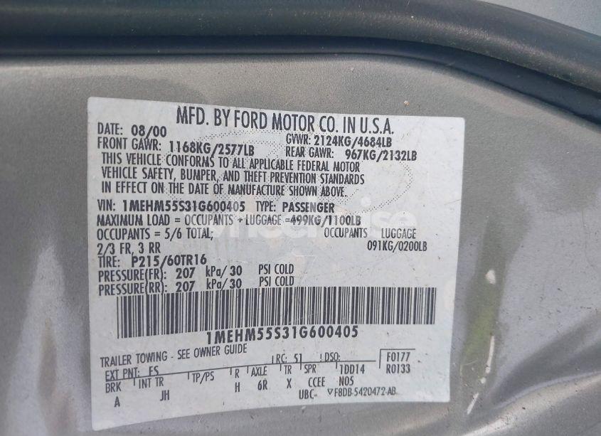 Photo 9 of 2001 Mercury Sable LS PREMIUM (VIN 1MEHM55S31G600405)