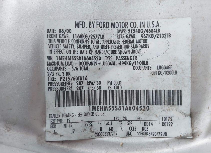 Photo 9 of 2001 Mercury Sable LS PREMIUM (VIN 1MEHM55S81A604520)