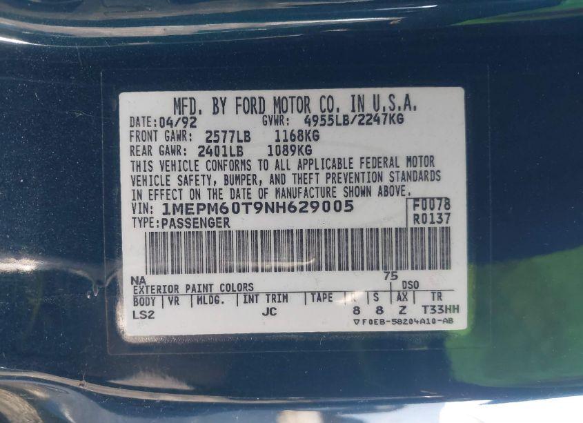 Photo 9 of 1992 Mercury Cougar LS (VIN 1MEPM60T9NH629005)