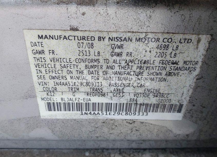 Photo 9 of 2009 Nissan Maxima 3.5 SV (VIN 1N4AA51E29C809333)