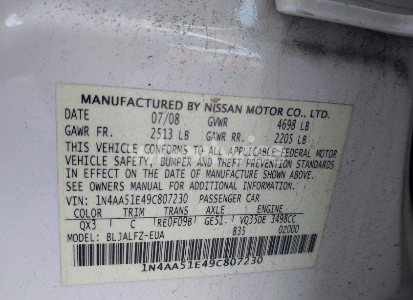 Photo 9 of 2009 Nissan Maxima 3.5 SV (VIN 1N4AA51E49C807230)