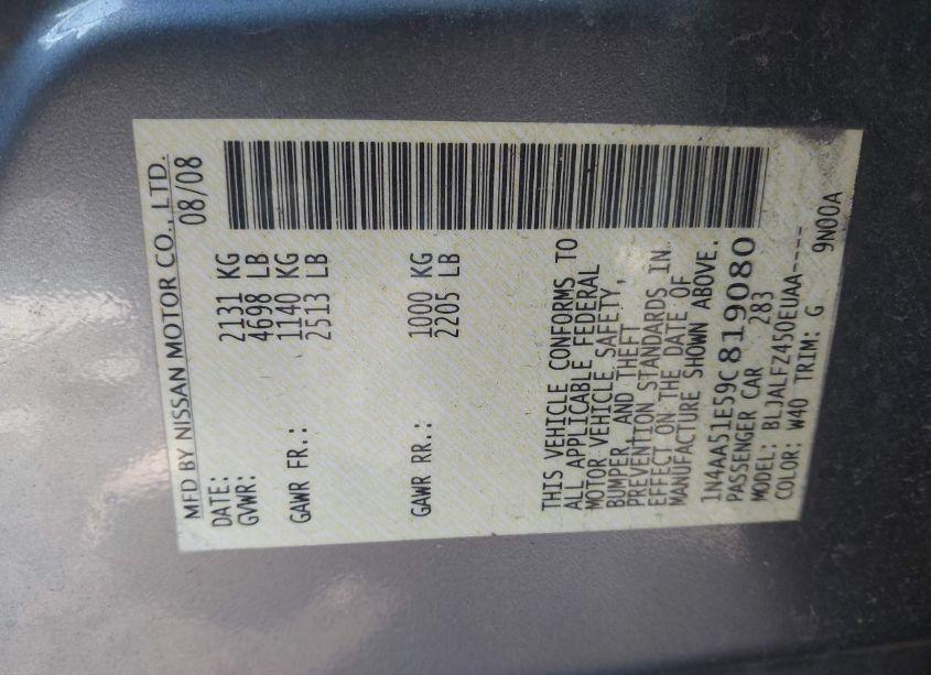 Photo 8 of 2009 Nissan Maxima 3.5 SV (VIN 1N4AA51E59C819080)