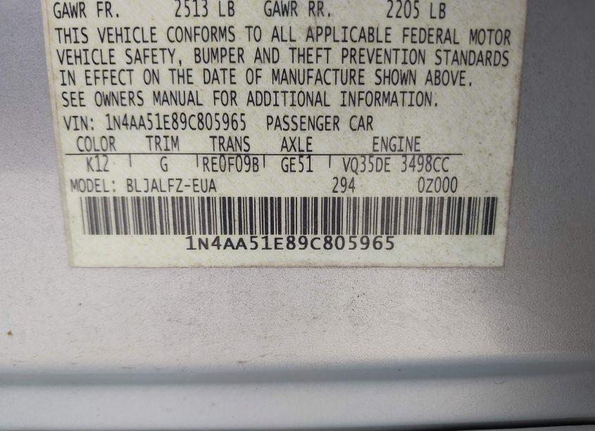 Photo 9 of 2009 Nissan Maxima 3.5 SV (VIN 1N4AA51E89C805965)