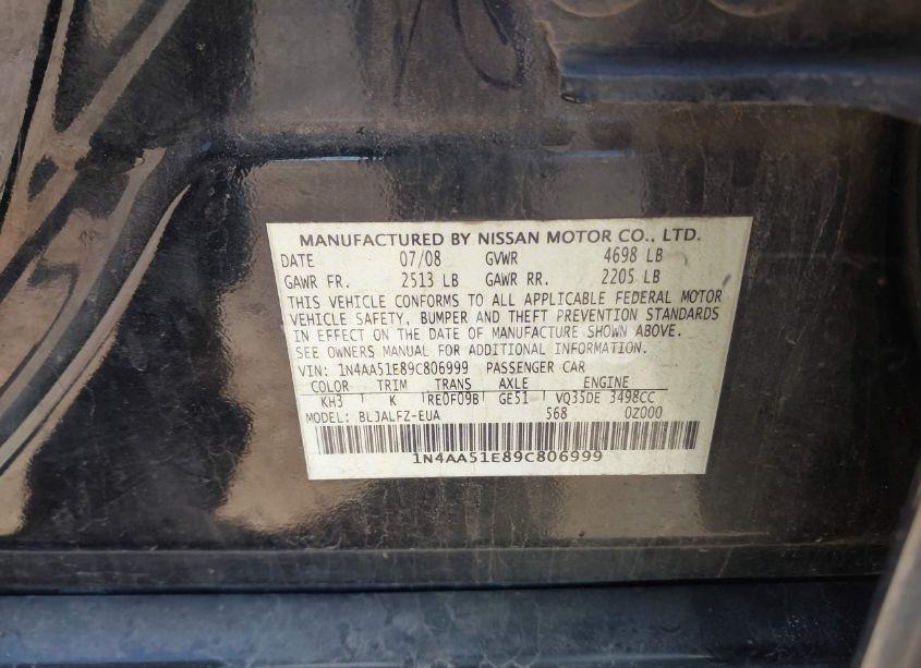 Photo 9 of 2009 Nissan Maxima 3.5 SV (VIN 1N4AA51E89C806999)