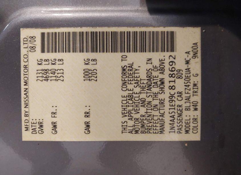 Photo 9 of 2009 Nissan Maxima 3.5 SV (VIN 1N4AA51E99C818692)