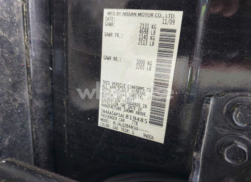 Photo 9 of 2010 Nissan Maxima 3.5 S (VIN 1N4AA5AP1AC819485)