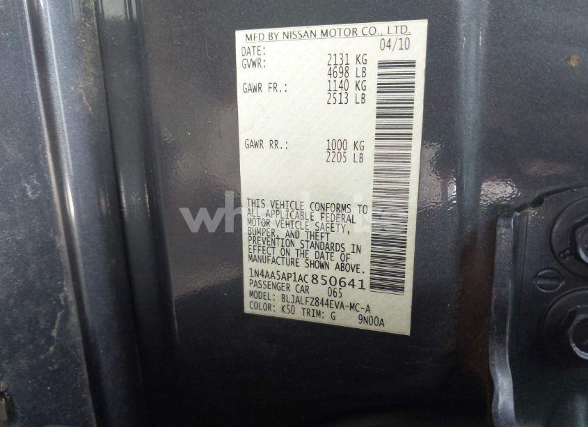 Photo 9 of 2010 Nissan Maxima 3.5 SV W/PREMIUM PKG (VIN 1N4AA5AP1AC850641)