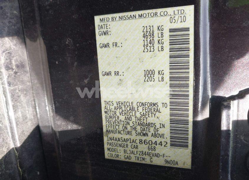 Photo 9 of 2010 Nissan Maxima 3.5 SV (VIN 1N4AA5AP1AC860442)