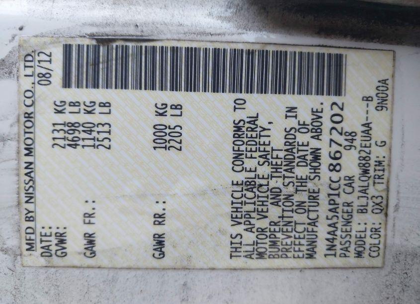 Photo 9 of 2012 Nissan Maxima 3.5 S (VIN 1N4AA5AP1CC867202)