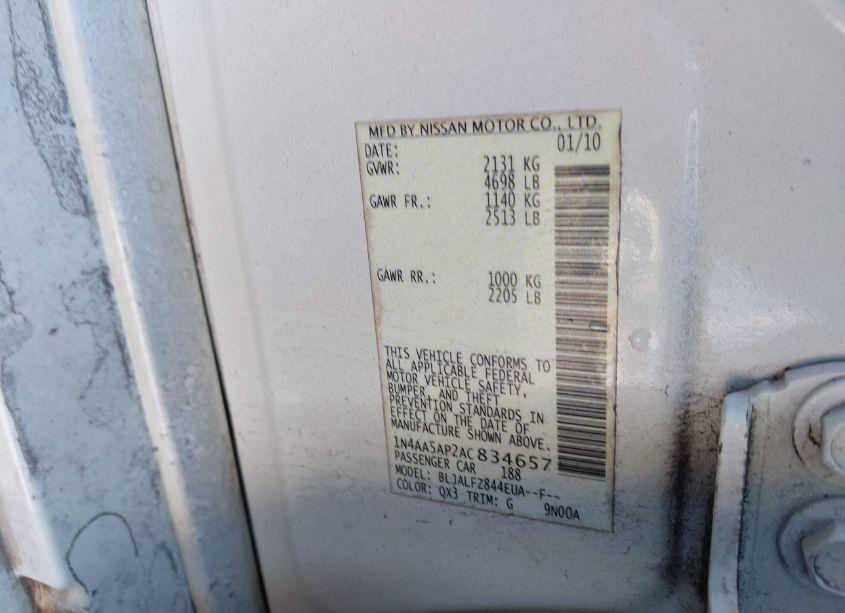 Photo 9 of 2010 Nissan Maxima 3.5 SV (VIN 1N4AA5AP2AC834657)