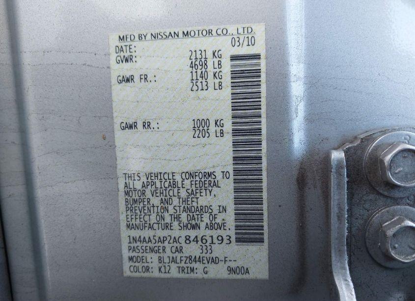 Photo 9 of 2010 Nissan Maxima 3.5 SV (VIN 1N4AA5AP2AC846193)