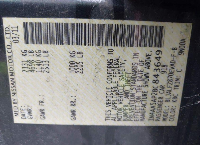 Photo 9 of 2011 Nissan Maxima 3.5 SV (VIN 1N4AA5AP2BC843649)