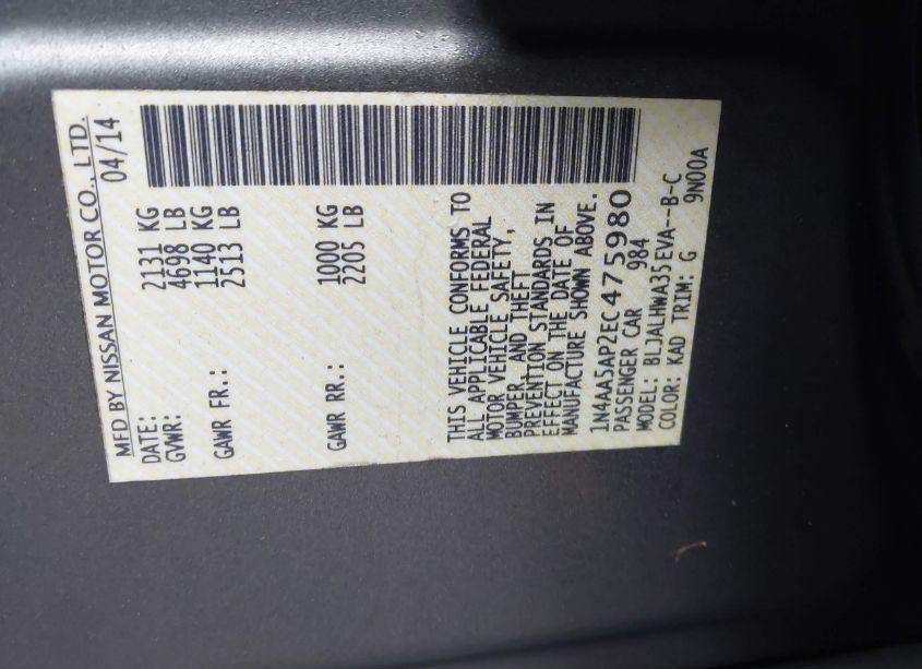 Photo 9 of 2014 Nissan Maxima 3.5 SV (VIN 1N4AA5AP2EC475980)