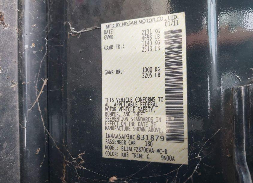 Photo 9 of 2011 Nissan Maxima S/SV (VIN 1N4AA5AP3BC831879)