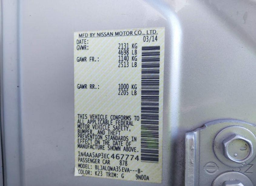 Photo 9 of 2014 Nissan Maxima 3.5 S/3.5 SV (VIN 1N4AA5AP3EC467774)