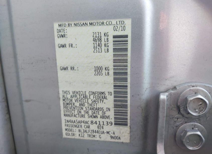 Photo 9 of 2010 Nissan Maxima 3.5 SV (VIN 1N4AA5AP4AC841139)