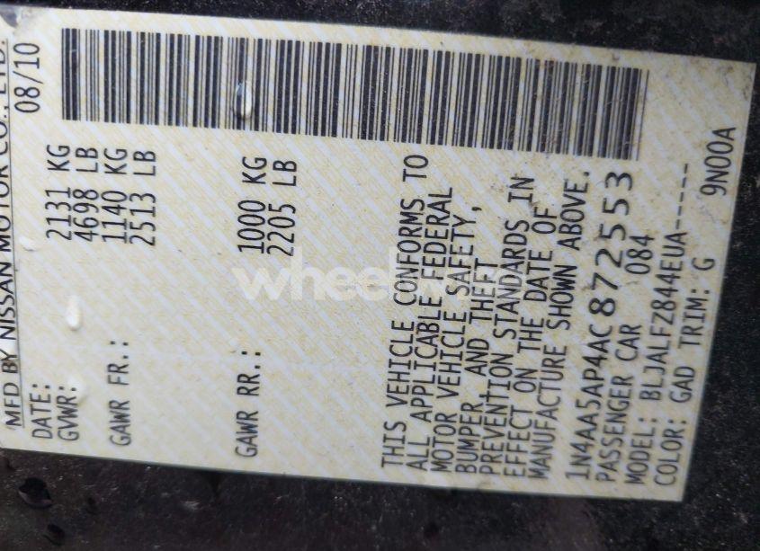 Photo 9 of 2010 Nissan Maxima 3.5 SV (VIN 1N4AA5AP4AC872553)