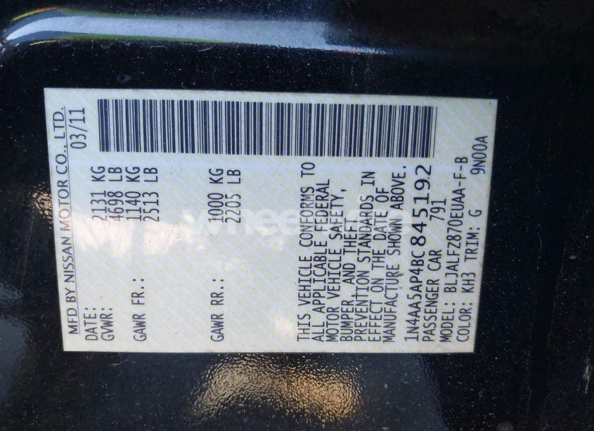 Photo 9 of 2011 Nissan Maxima S/SV (VIN 1N4AA5AP4BC845192)