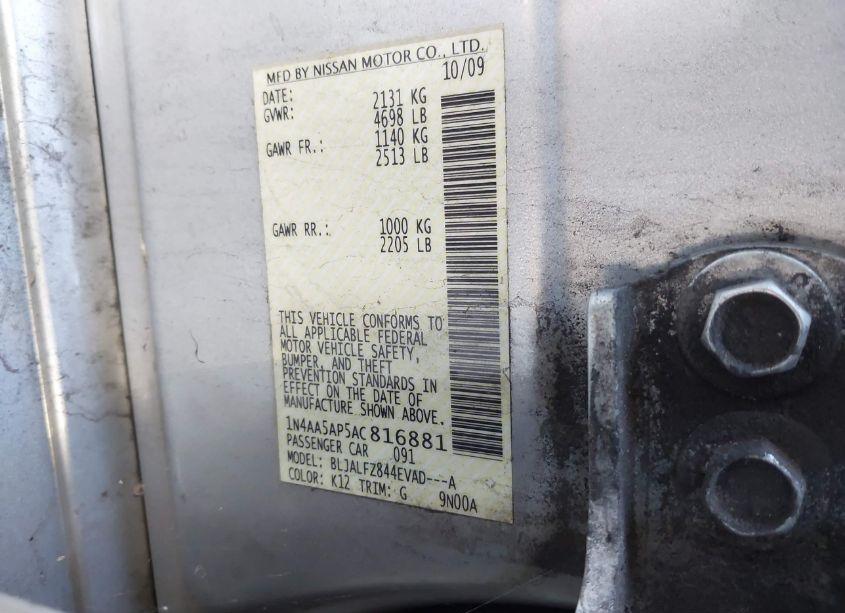 Photo 9 of 2010 Nissan Maxima 3.5 SV (VIN 1N4AA5AP5AC816881)