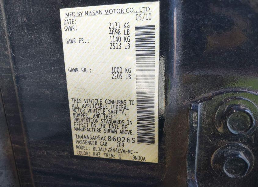 Photo 9 of 2010 Nissan Maxima 3.5 SV W/PREMIUM PKG (VIN 1N4AA5AP5AC860265)