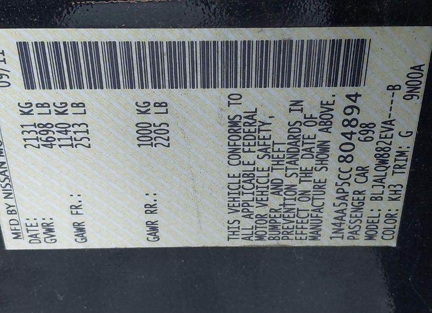 Photo 9 of 2012 Nissan Maxima 3.5 S (VIN 1N4AA5AP5CC804894)