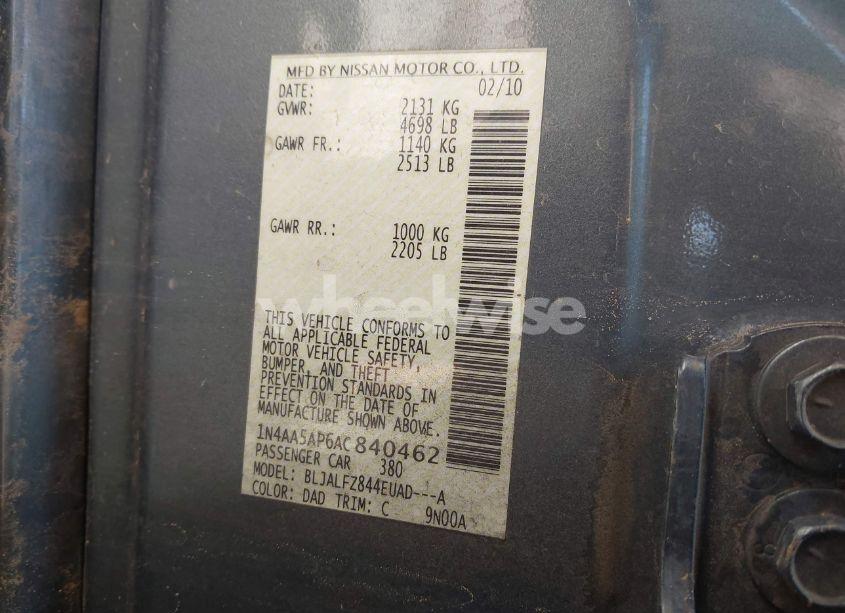 Photo 9 of 2010 Nissan Maxima 3.5 SV (VIN 1N4AA5AP6AC840462)