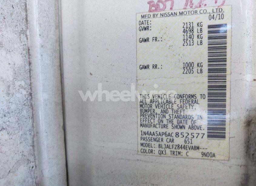 Photo 9 of 2010 Nissan Maxima 3.5 SV W/PREMIUM PKG (VIN 1N4AA5AP6AC852577)