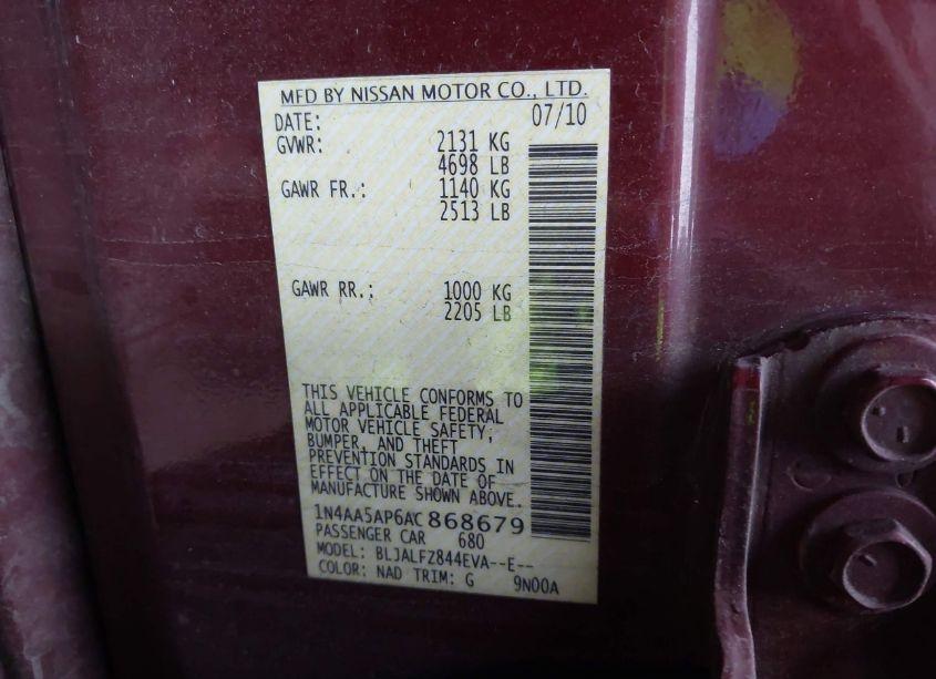 Photo 9 of 2010 Nissan Maxima 3.5 SV (VIN 1N4AA5AP6AC868679)