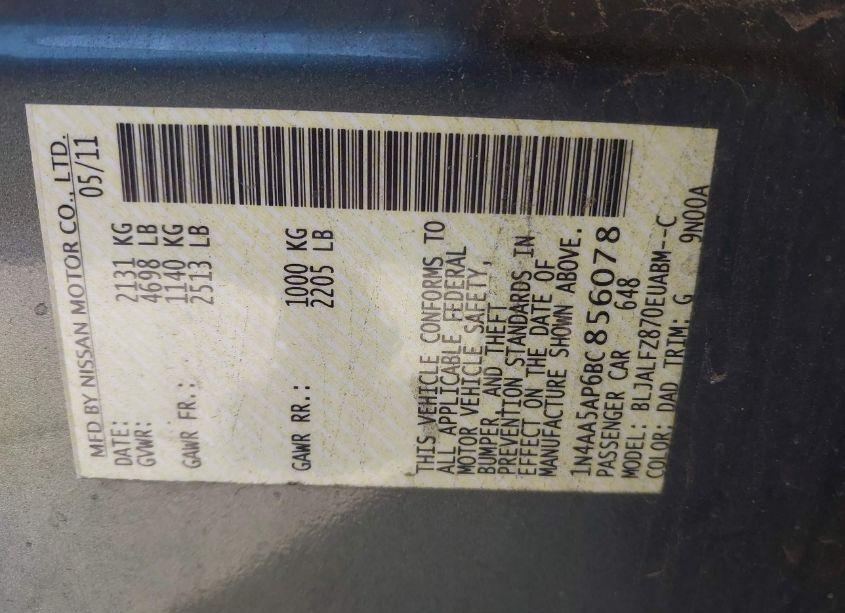 Photo 9 of 2011 Nissan Maxima 3.5 SV (VIN 1N4AA5AP6BC856078)