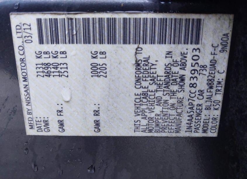 Photo 9 of 2012 Nissan Maxima 3.5 SV (VIN 1N4AA5AP7CC839503)