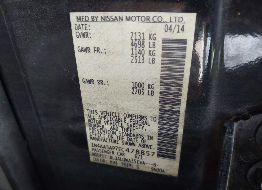 Photo 9 of 2014 Nissan Maxima 3.5 S/3.5 SV (VIN 1N4AA5AP7EC478857)