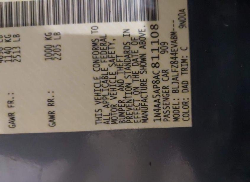 Photo 9 of 2010 Nissan Maxima 3.5 SV W/PREMIUM PKG (VIN 1N4AA5AP8AC811108)