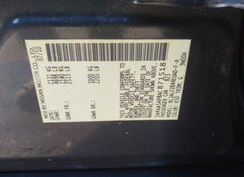 Photo 9 of 2010 Nissan Maxima 3.5 SV (VIN 1N4AA5AP8AC871518)