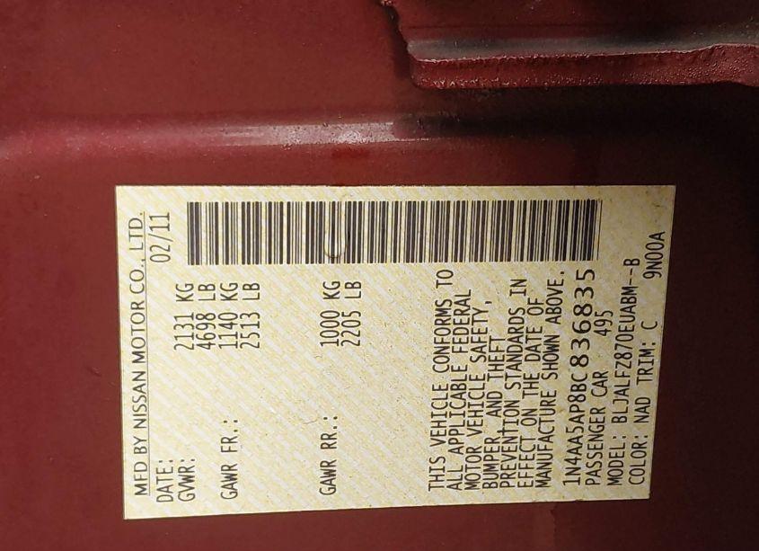 Photo 9 of 2011 Nissan Maxima 3.5 SV (VIN 1N4AA5AP8BC836835)