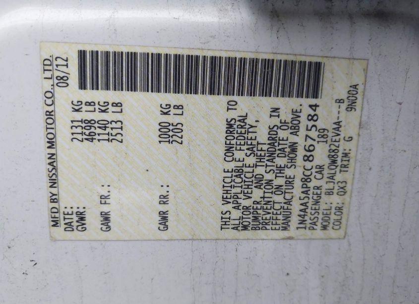 Photo 9 of 2012 Nissan Maxima 3.5 S (VIN 1N4AA5AP8CC867584)