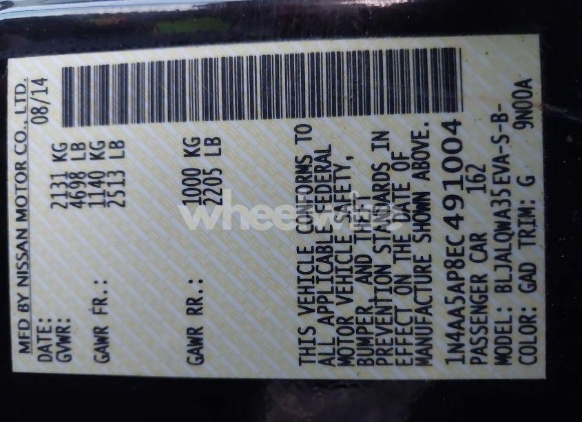 Photo 9 of 2014 Nissan Maxima 3.5 S/3.5 SV (VIN 1N4AA5AP8EC491004)