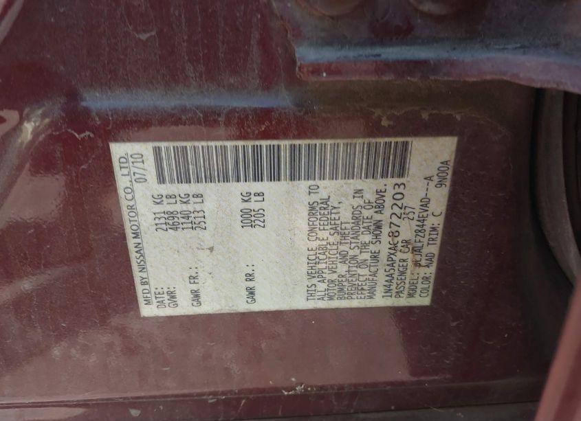 Photo 9 of 2010 Nissan Maxima 3.5 SV (VIN 1N4AA5APXAC872203)