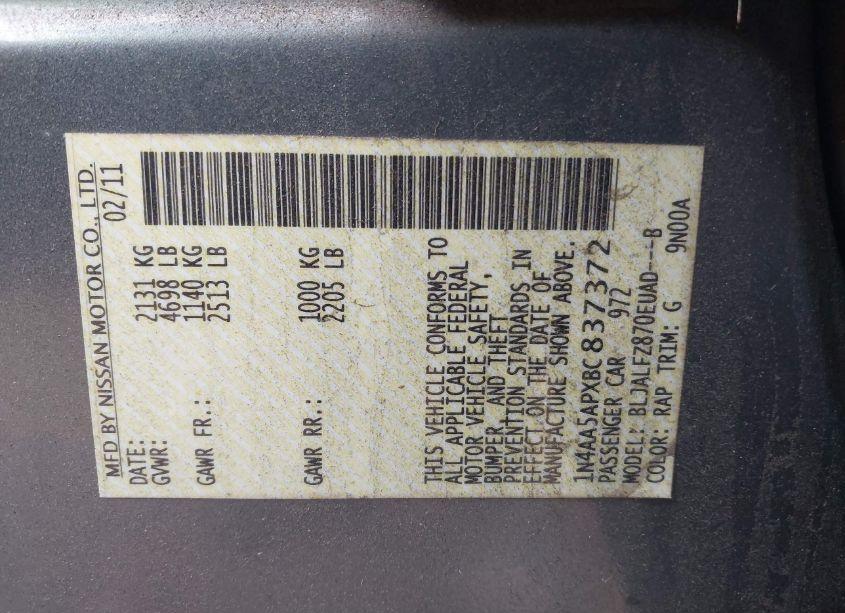 Photo 9 of 2011 Nissan Maxima 3.5 SV (VIN 1N4AA5APXBC837372)