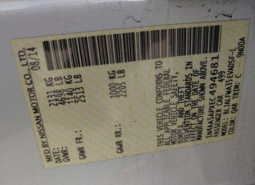 Photo 9 of 2014 Nissan Maxima 3.5 SV (VIN 1N4AA5APXEC494681)