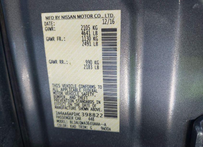 Photo 9 of 2017 Nissan Maxima 3.5 S (VIN 1N4AA6AP1HC398822)