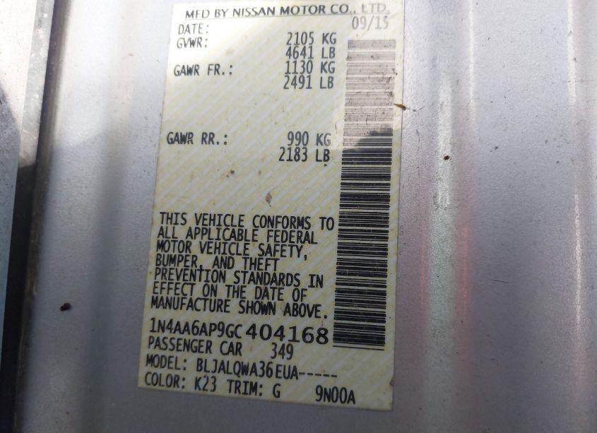 Photo 9 of 2016 Nissan Maxima 3.5 PLATINUM/3.5 S/3.5 SL/3.5 SR/3.5 SV (VIN 1N4AA6AP9GC404168)